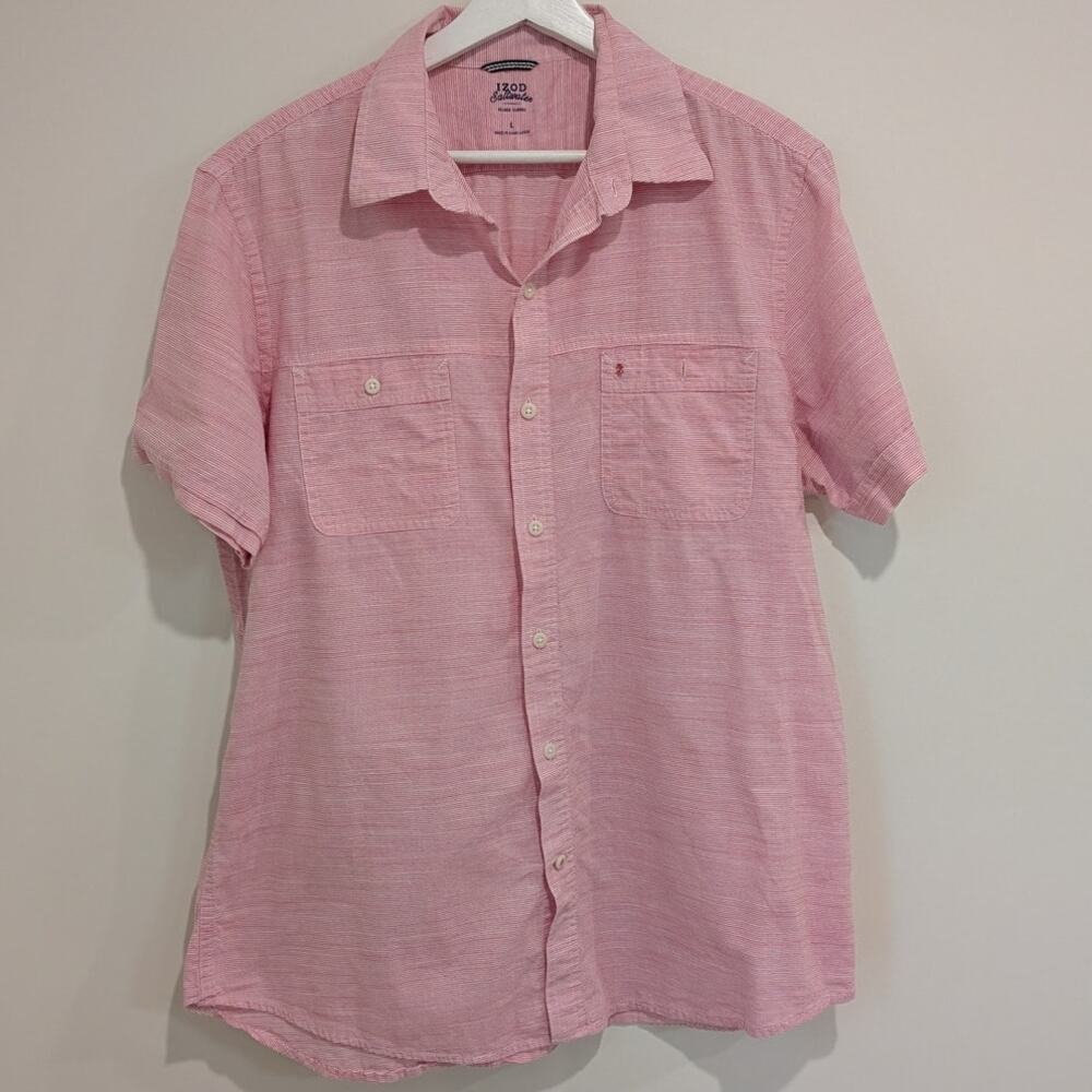 Izod Short Sleeve Button Down Pink/White (L) Preppy Coastal Nautical Resort